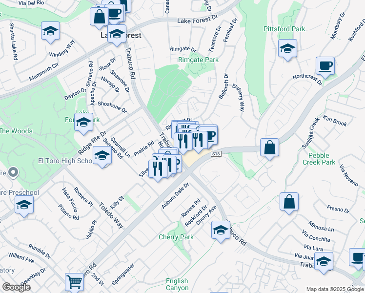 map of restaurants, bars, coffee shops, grocery stores, and more near 22365 El Toro Road in Lake Forest