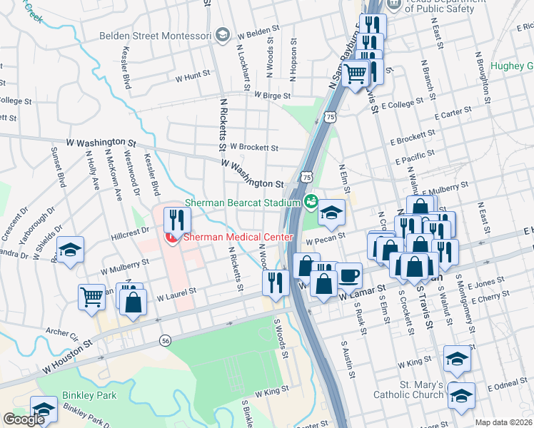 map of restaurants, bars, coffee shops, grocery stores, and more near 453 North Woods Street in Sherman