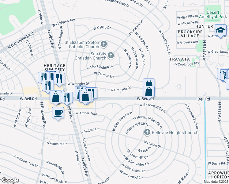 map of restaurants, bars, coffee shops, grocery stores, and more near 17027 North 97th Avenue in Sun City