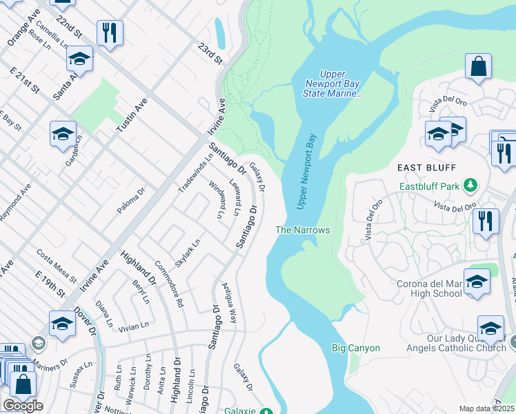 map of restaurants, bars, coffee shops, grocery stores, and more near 1918 Santiago Drive in Newport Beach