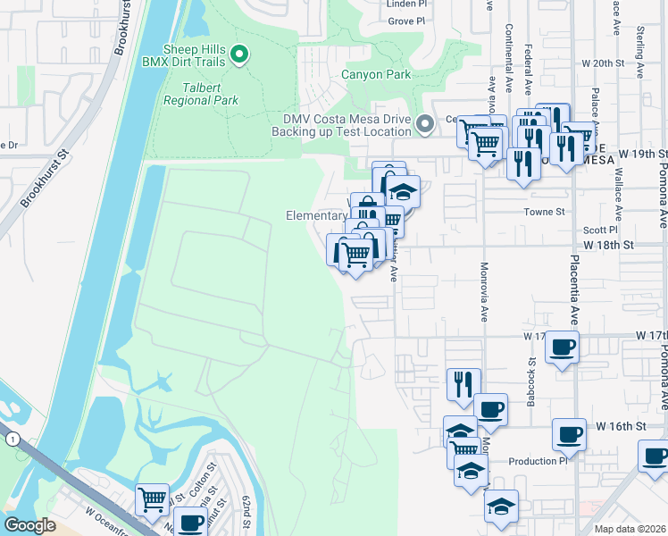 map of restaurants, bars, coffee shops, grocery stores, and more near in Costa Mesa