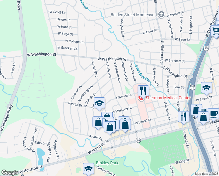 map of restaurants, bars, coffee shops, grocery stores, and more near 1405 Robin Drive in Sherman