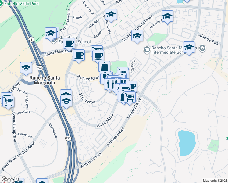 map of restaurants, bars, coffee shops, grocery stores, and more near 22312 El Paseo in Rancho Santa Margarita