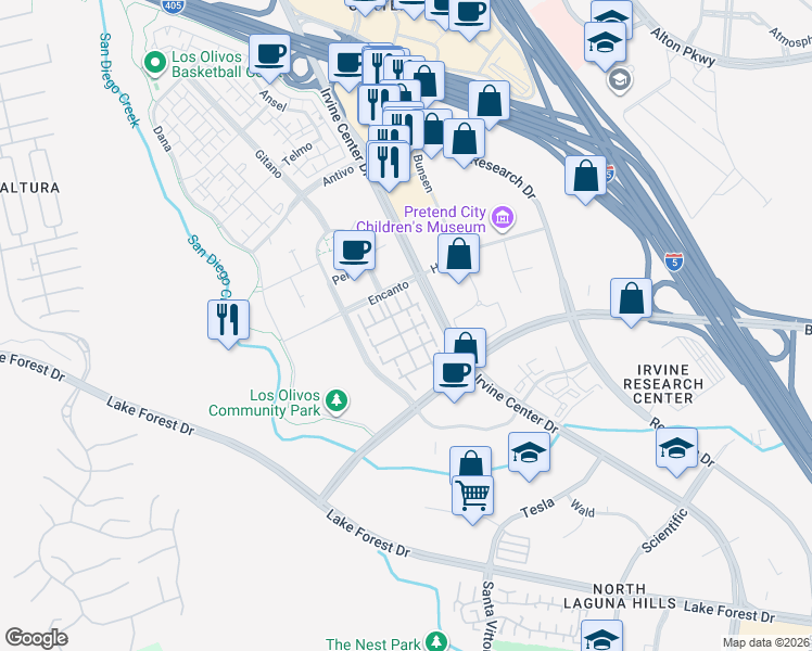 map of restaurants, bars, coffee shops, grocery stores, and more near 107 Montero in Irvine