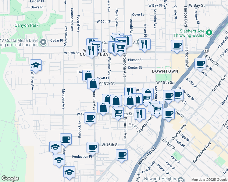 map of restaurants, bars, coffee shops, grocery stores, and more near 735 James Street in Costa Mesa