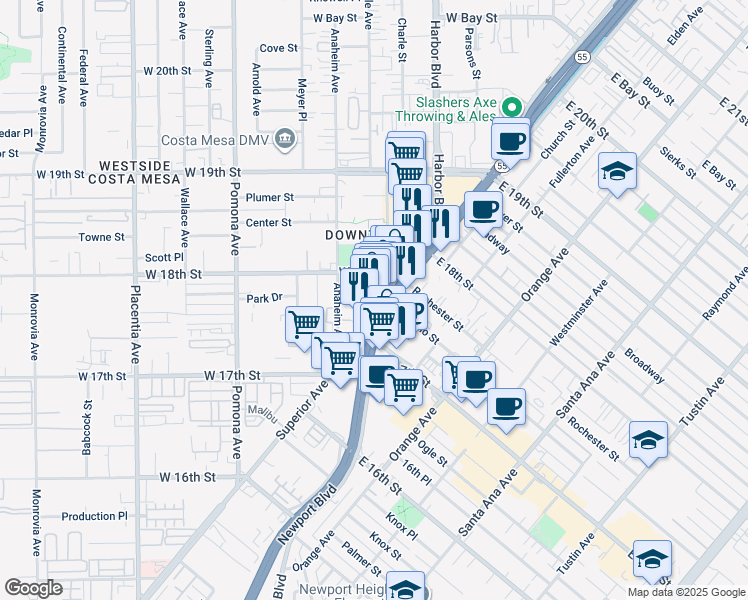 map of restaurants, bars, coffee shops, grocery stores, and more near 1785 Superior Avenue in Costa Mesa