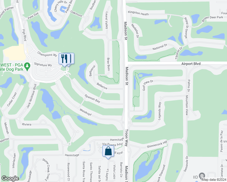 map of restaurants, bars, coffee shops, grocery stores, and more near 80949 Bellerive in La Quinta