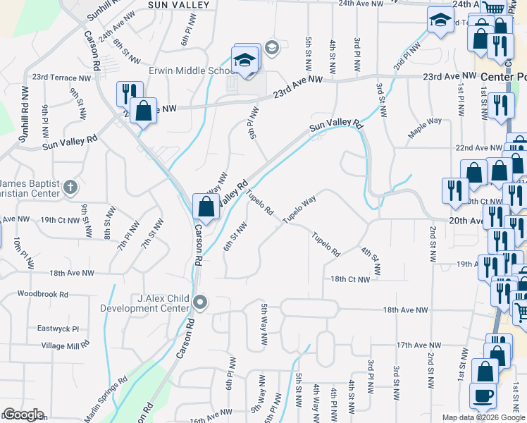 map of restaurants, bars, coffee shops, grocery stores, and more near 612 Tupelo Road in Center Point