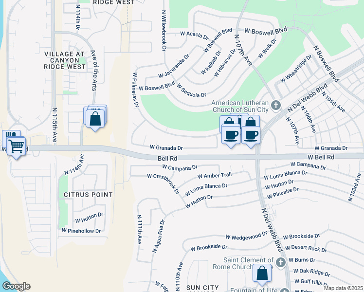 map of restaurants, bars, coffee shops, grocery stores, and more near 11002 West Granada Drive in Sun City