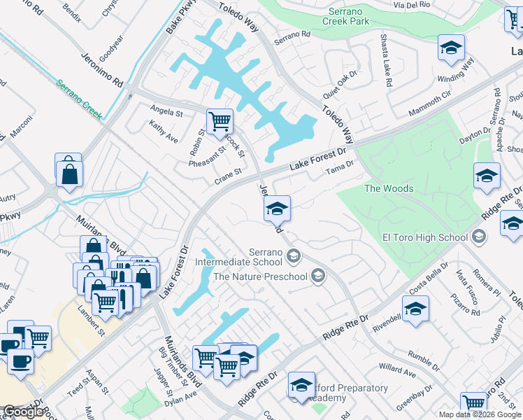 map of restaurants, bars, coffee shops, grocery stores, and more near 22317 Vista Verde Drive in Lake Forest