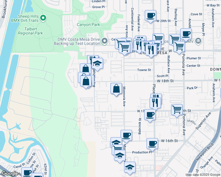 map of restaurants, bars, coffee shops, grocery stores, and more near 965 West 18th Street in Costa Mesa
