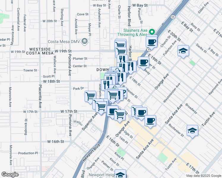 map of restaurants, bars, coffee shops, grocery stores, and more near 1785 Superior Avenue in Costa Mesa