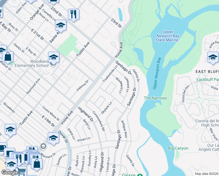 map of restaurants, bars, coffee shops, grocery stores, and more near 1814 Toyon Lane in Newport Beach