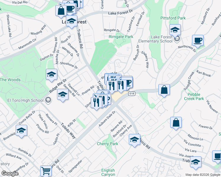 map of restaurants, bars, coffee shops, grocery stores, and more near 22371 El Toro Road in Lake Forest