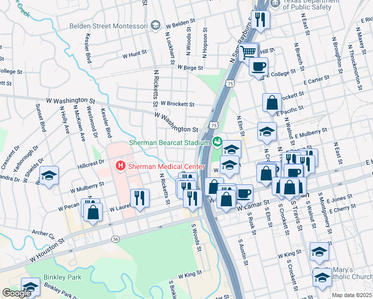 map of restaurants, bars, coffee shops, grocery stores, and more near 453 North Woods Street in Sherman