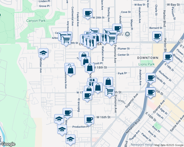 map of restaurants, bars, coffee shops, grocery stores, and more near 1780 Placentia Avenue in Costa Mesa