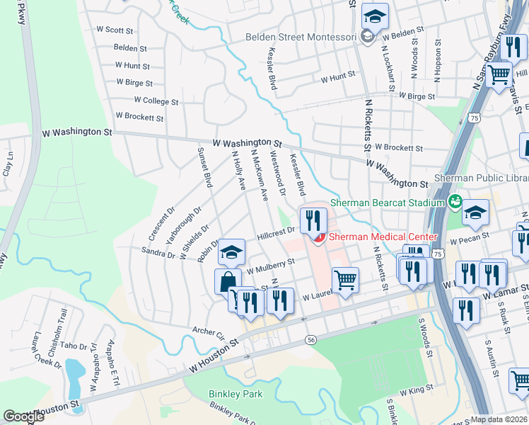 map of restaurants, bars, coffee shops, grocery stores, and more near 524 North McKown Avenue in Sherman
