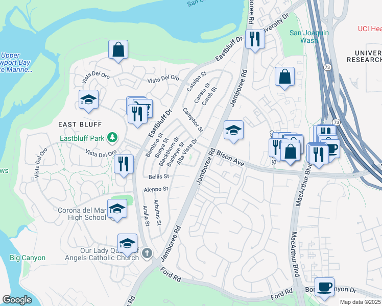 map of restaurants, bars, coffee shops, grocery stores, and more near 2681 Basswood St in Newport Beach