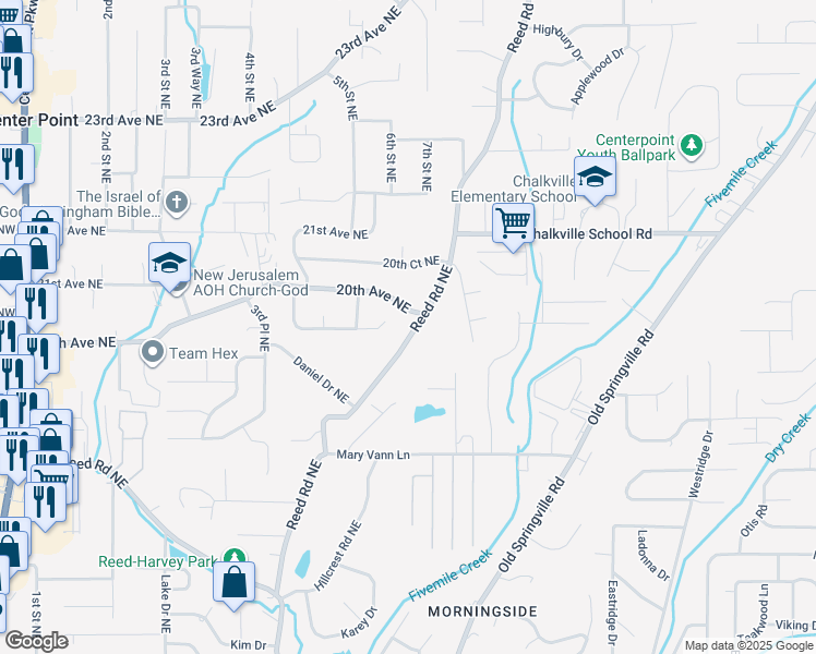 map of restaurants, bars, coffee shops, grocery stores, and more near 1932 Reed Road Northeast in Center Point