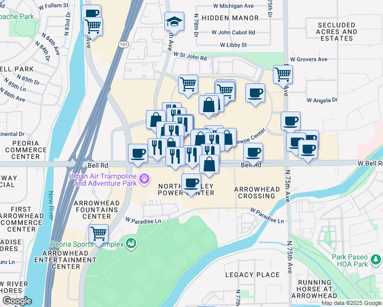 map of restaurants, bars, coffee shops, grocery stores, and more near 17125 North 79th Avenue in Glendale