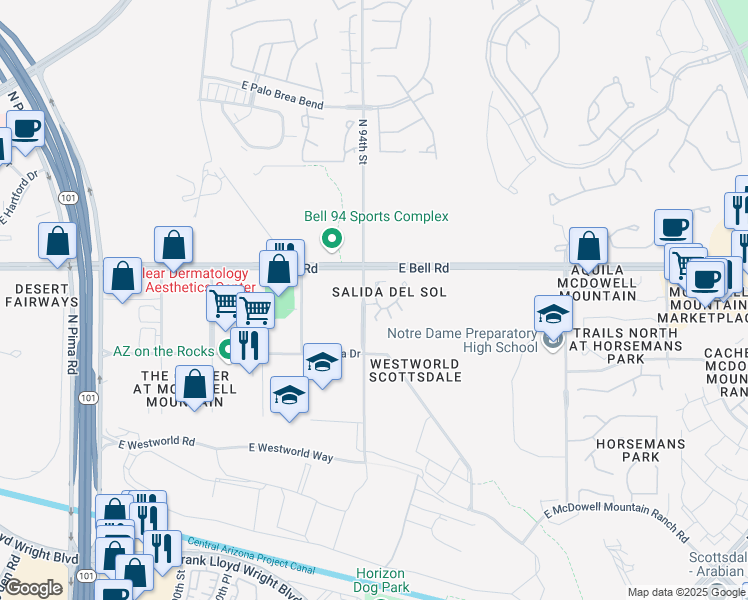 map of restaurants, bars, coffee shops, grocery stores, and more near Unnamed Road in Scottsdale