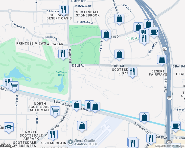 map of restaurants, bars, coffee shops, grocery stores, and more near 8245 East Bell Road in Scottsdale