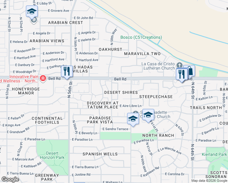 map of restaurants, bars, coffee shops, grocery stores, and more near 16653 North 59th Street in Scottsdale