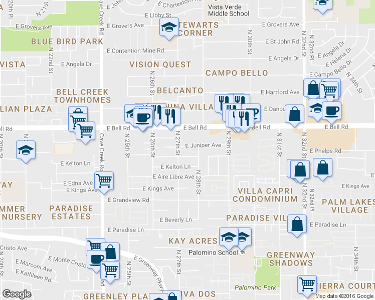 map of restaurants, bars, coffee shops, grocery stores, and more near 2725 East Juniper Avenue in Phoenix