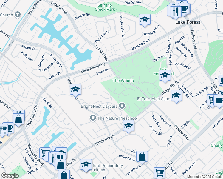 map of restaurants, bars, coffee shops, grocery stores, and more near 24832 Knollwood in Lake Forest