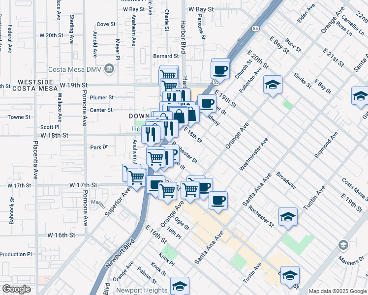 map of restaurants, bars, coffee shops, grocery stores, and more near in Costa Mesa