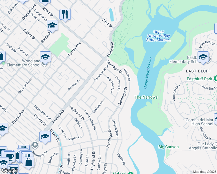 map of restaurants, bars, coffee shops, grocery stores, and more near 1947 Windward Lane in Newport Beach