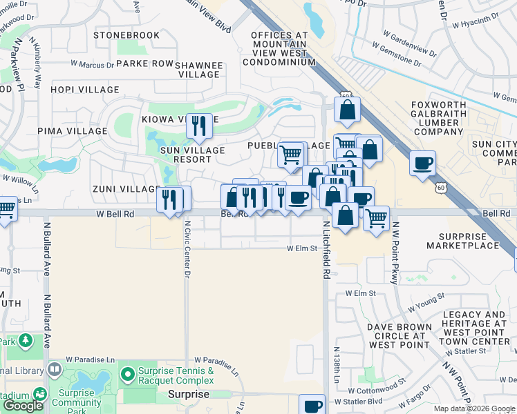 map of restaurants, bars, coffee shops, grocery stores, and more near Bell Road in Surprise