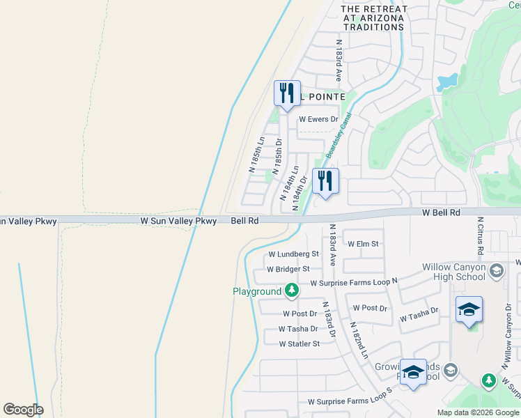 map of restaurants, bars, coffee shops, grocery stores, and more near 18537 West Legend Drive in Surprise