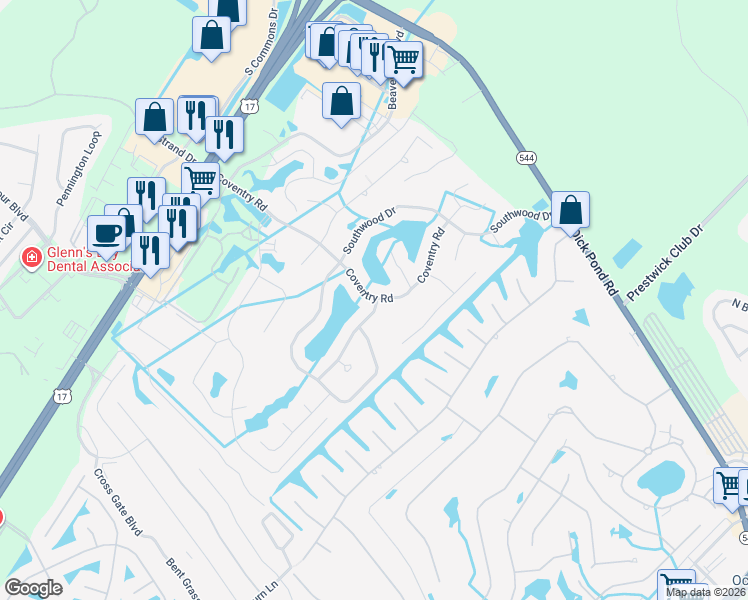 map of restaurants, bars, coffee shops, grocery stores, and more near 1588 Coventry Road in Myrtle Beach