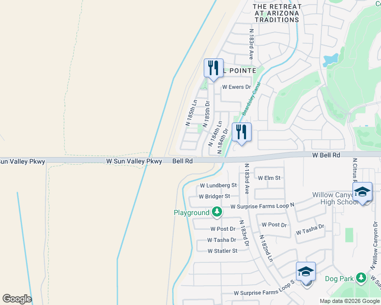 map of restaurants, bars, coffee shops, grocery stores, and more near 18537 West Legend Drive in Surprise