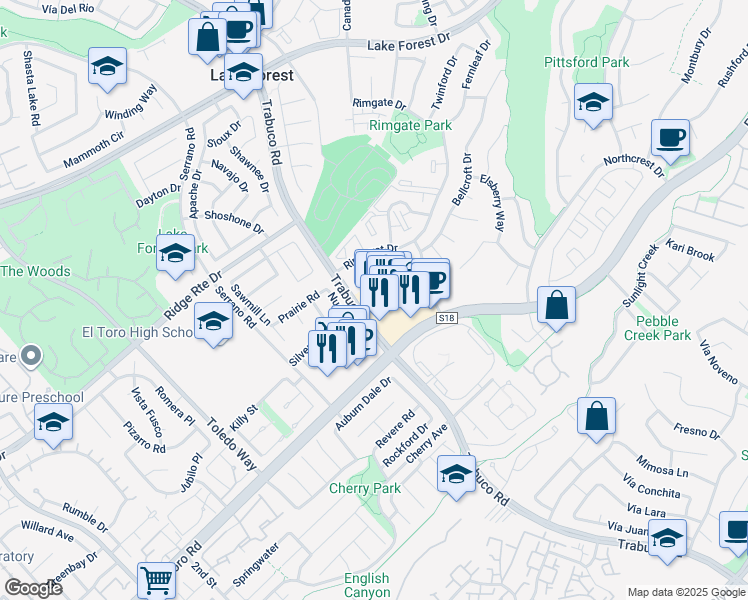 map of restaurants, bars, coffee shops, grocery stores, and more near 22373 El Toro Road in Lake Forest