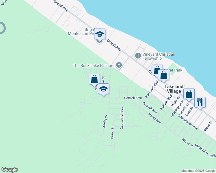 map of restaurants, bars, coffee shops, grocery stores, and more near 33201 Adelfa Street in Lake Elsinore