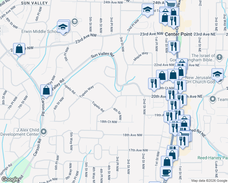 map of restaurants, bars, coffee shops, grocery stores, and more near 408 Tupelo Way in Center Point