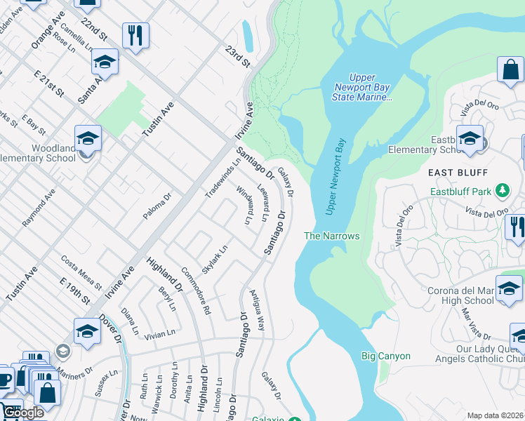 map of restaurants, bars, coffee shops, grocery stores, and more near 1907 Leeward Lane in Newport Beach