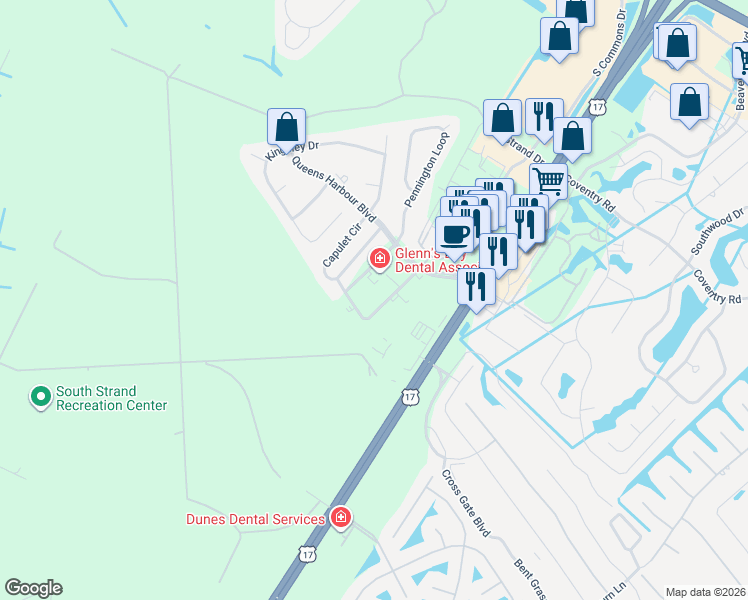 map of restaurants, bars, coffee shops, grocery stores, and more near 3028 Newcastle Loop in Myrtle Beach
