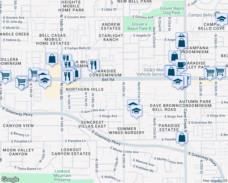 map of restaurants, bars, coffee shops, grocery stores, and more near 1930 East Phelps Road in Phoenix
