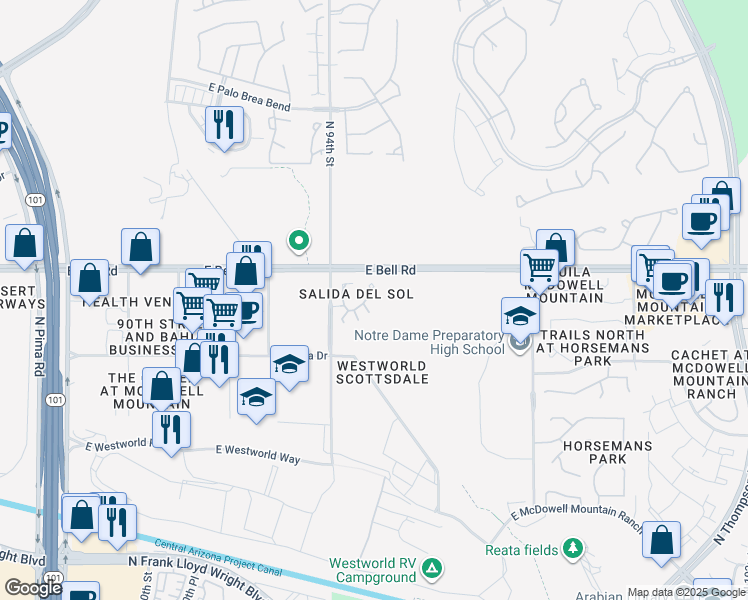 map of restaurants, bars, coffee shops, grocery stores, and more near 16801 North 94th Street in Scottsdale