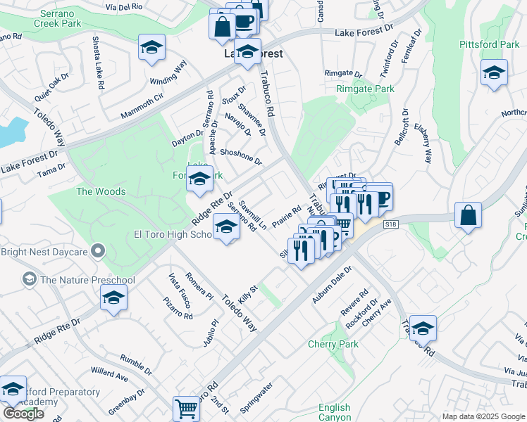map of restaurants, bars, coffee shops, grocery stores, and more near 22331 Blueberry Lane in Lake Forest