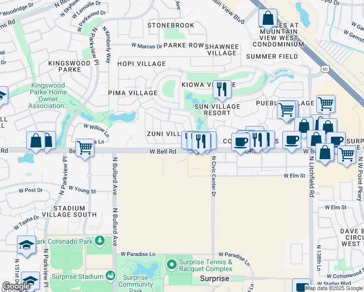 map of restaurants, bars, coffee shops, grocery stores, and more near 14395 West Winding Trail in Surprise