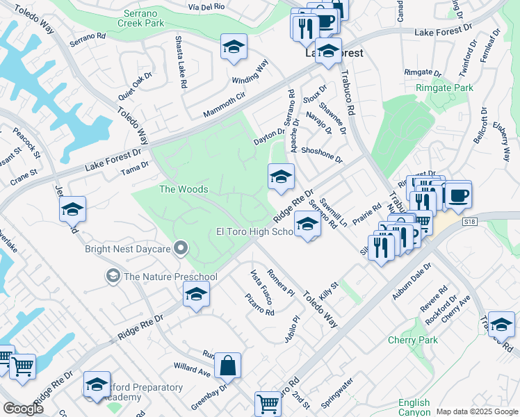 map of restaurants, bars, coffee shops, grocery stores, and more near 25192 Wandering Lane in Lake Forest
