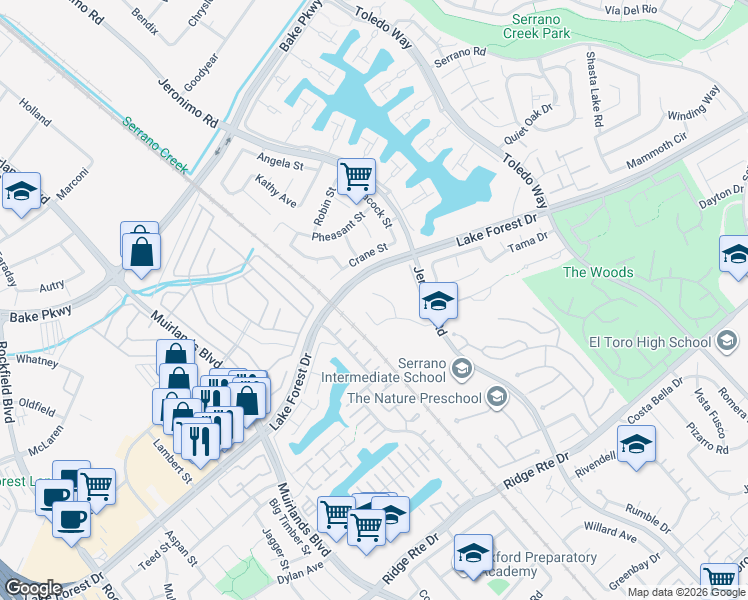 map of restaurants, bars, coffee shops, grocery stores, and more near 22392 Woodgrove Road in Lake Forest