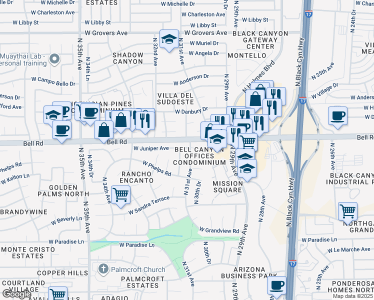 map of restaurants, bars, coffee shops, grocery stores, and more near 16850 North 31st Avenue in Phoenix
