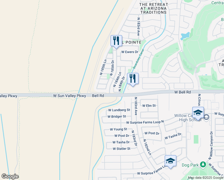 map of restaurants, bars, coffee shops, grocery stores, and more near 17022 North 184th Lane in Surprise