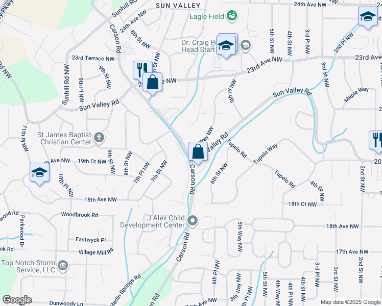 map of restaurants, bars, coffee shops, grocery stores, and more near 2101 Carson Road in Birmingham