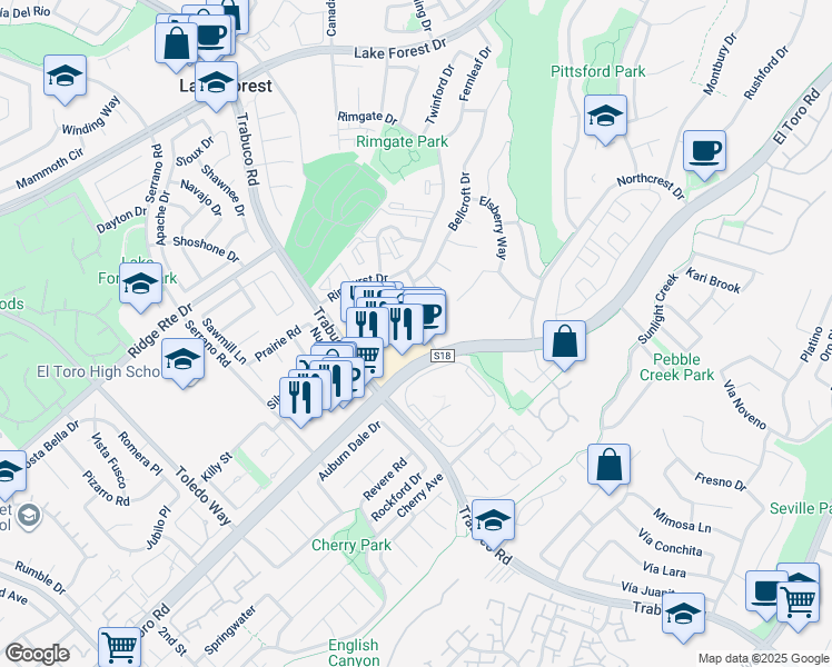 map of restaurants, bars, coffee shops, grocery stores, and more near 22288 Redwood Pointe in Lake Forest
